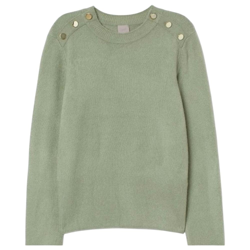 NWT - H&M Super Soft Sage Green Crew Neck Sweater with Gold Buttons - XS
